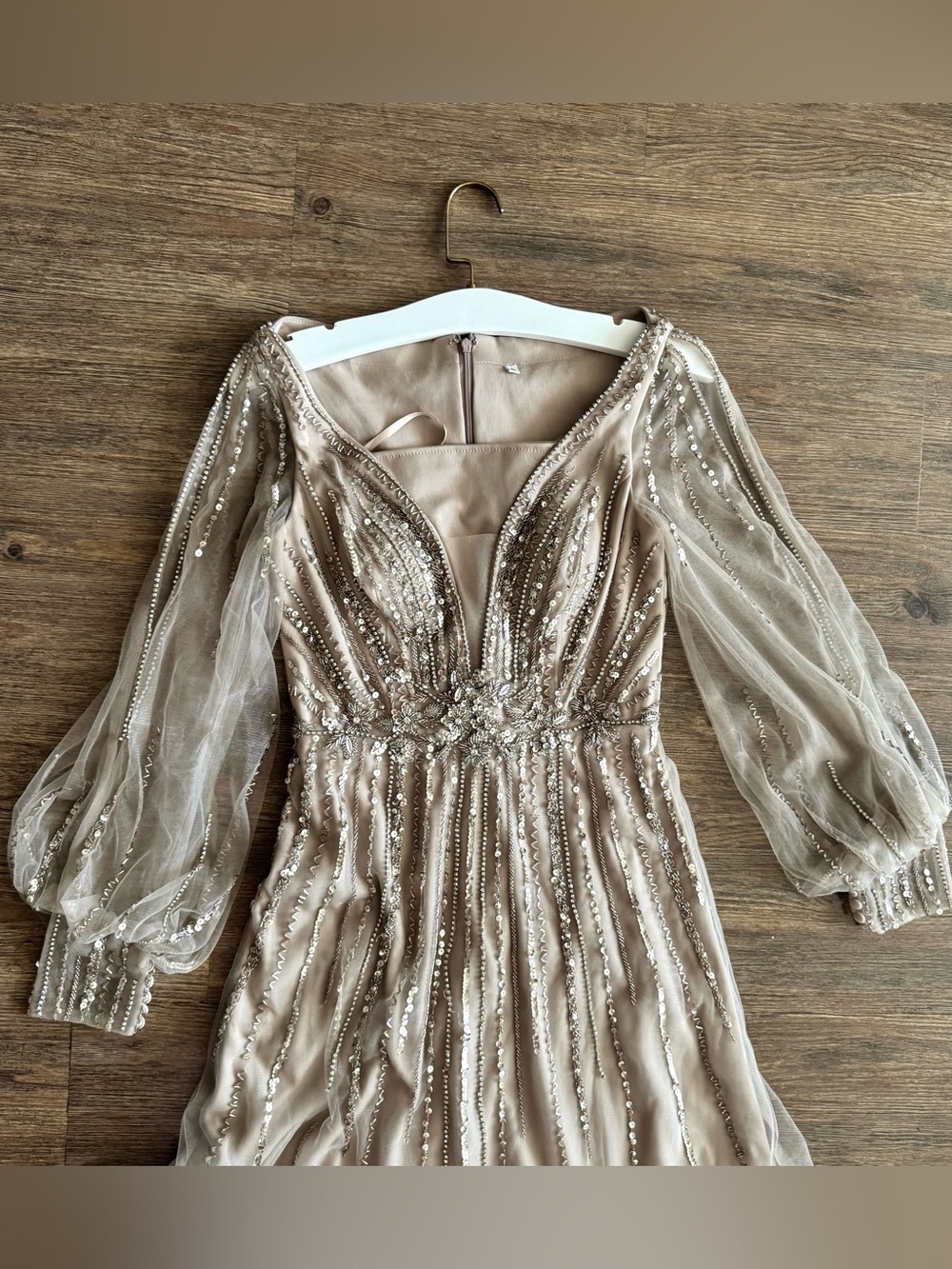 Elegant Beaded Long Sleeve Evening Dress in Champagne